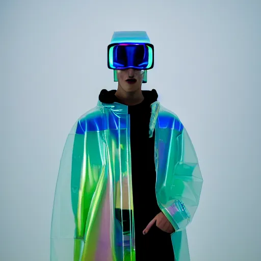 Image similar to an ultra high definition professional studio quality photograph of an artificially intelligent cyberpunk art influencer wearing a transparent iridescent pastel coloured face visor and matching squid based raincoat on white coat hook in a sheer icelandic black rock environment. dramatic lighting. volumetric shadows. light rays