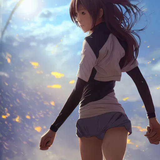 Image similar to a girl is running, sport clothing, fitness activity, anime style, brown short hair, hair down, symmetrical facial features, from arknights, hyper realistic, rule of thirds, extreme detail, detailed 4 k drawing, trending pixiv, realistic lighting, by alphonse mucha, greg rutkowski, sharp focus, backlit