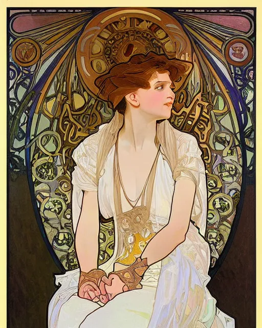 Image similar to painting alphonse mucha, the interior of the opera house, in the hollow of the hall a singer in a white dress on a lighted stage, palette of pastel colors