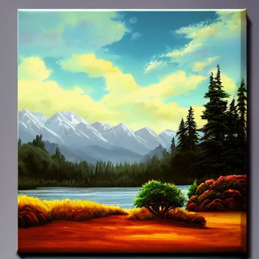 Image similar to a closeup photorealistic photograph of bob ross themed kenny powers baseball, painting on a canvas. mountains and trees. film still. brightly lit scene. this 4 k hd image is trending on artstation, featured on behance, well - rendered, extra crisp, features intricate detail, epic composition and the style of unreal engine.