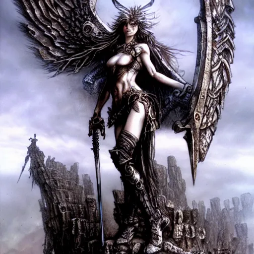 Image similar to valkyrie standing triumphantly atop a pile of bones by luis royo, epic fantasy, soft details, illustration, artstation, intricate, sharp focus, highly detailed, elegant, concept art