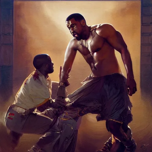 Image similar to a beautiful painting of handsome kanye west fighting handsome pete davidson, rendered art, highly detailed painting by gaston bussiere, craig mullins, j. c. leyendecker 8 k, trending on artstation, art