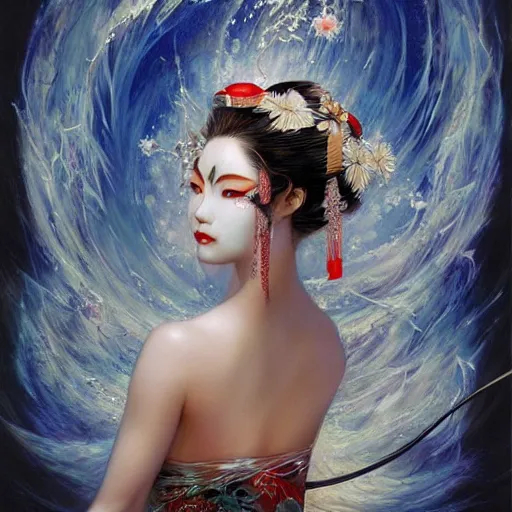 Image similar to a beautiful geisha manipulating water by karol bak, ayami kojima, artgerm, river, water, blue eyes, smile, concept art, fantasy