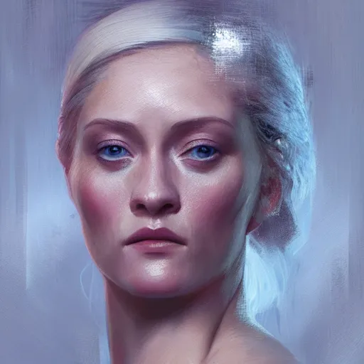 Prompt: Portrait of Olivia Taylor Dudley looking in a mirror, white lighting, detailed face, digital art by Ruan Jia and Mandy Jurgens and Artgerm and william-adolphe bouguerea, highly detailed, trending on artstation, award winning,