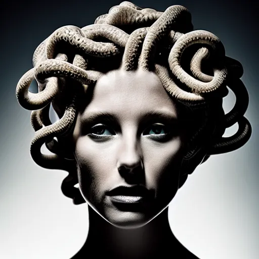 Image similar to portrait of medusa, dark, strobist light, photoreal, volumetric light, 8 5 mm lens, dramatic, epic, cenital light, sharp focus, by annie leibovitz