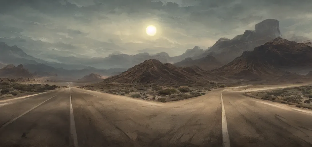 Image similar to a desolate highway in the middle of the nevada desert, establishing shot, opening film shot, video game cinematic, highly detailed, digital painting, concept art, movie poster art, cinematic framing, cinematic lighting, illustration, trending on artstation