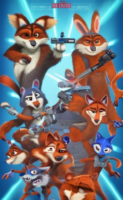 Image similar to “red racoons facing off with blue racoons in the style of zootopia, they’re all holding a laser gun”