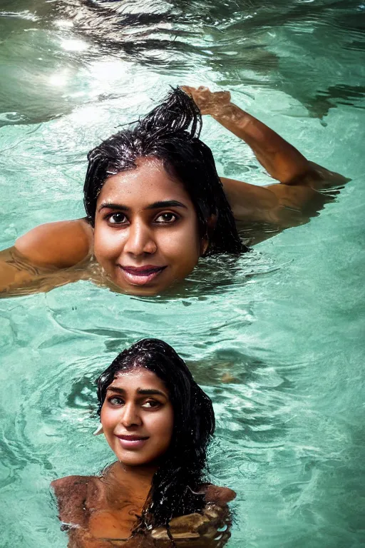 Image similar to a professional portrait photo of a sri lankan native woman, submerged in water, black hair, hunter, extremely high fidelity, natural lighting