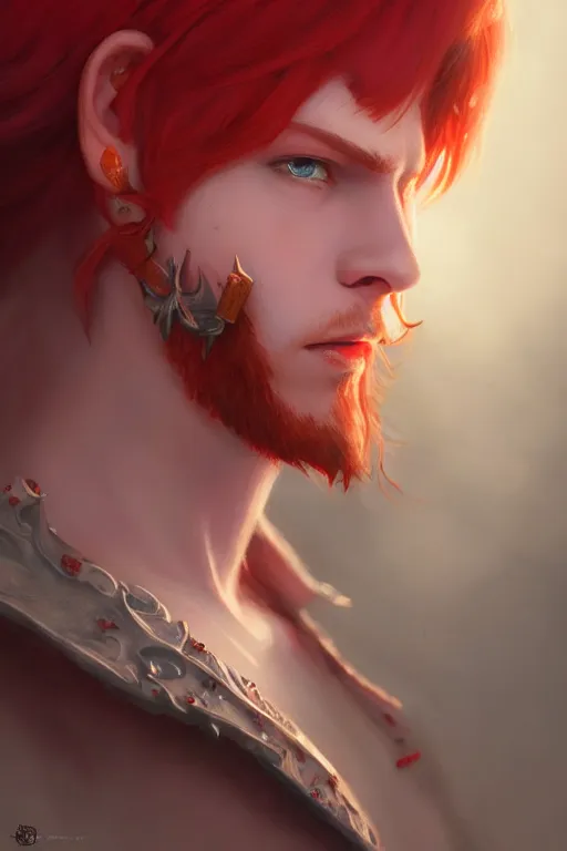 Image similar to fairy prince, red hair, highly detailed, d & d, fantasy, highly detailed, digital painting, trending on artstation, concept art, sharp focus, illustration, art by artgerm and greg rutkowski and fuji choko and viktoria gavrilenko and hoang lap