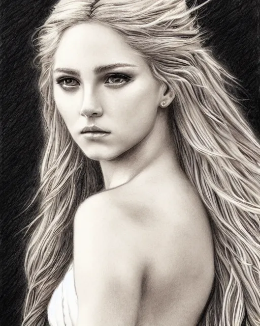 Image similar to pencil drawing of beautiful greek goddess aphrodite, bow and arrow, beautiful piercing eyes, flowing blonde hair, realistic face, hyper realistic, in the style of greg rutkowski, fantasy, amazing detail, epic, intricate, elegant, smooth, sharp focus