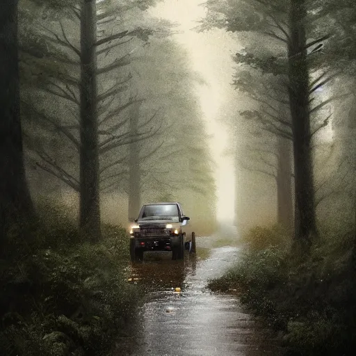 Image similar to a landrover crossing a forest path while its raining, digital art, artstation, photgraphy, highly detailed, digital painting, artstation, concept art, sharp focus, illustration, art by greg rutkowski and artgerm