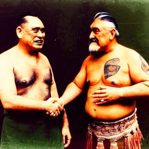 Prompt: a tattooed maori dignitary shakes hands with a 2 0 th century english industrialist, colorized 1 9 0 4 photo, kodak camera, historical event, credit the national archives of the united kingdom