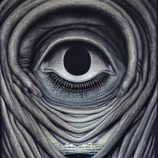 Image similar to her eyes wide by zdzisław beksiński, jeffrey smith and h.r. giger, oil on canvas, XF IQ4, f/1.4, ISO 200, 1/160s, 8K, RAW, unedited, symmetrical balance, in-frame