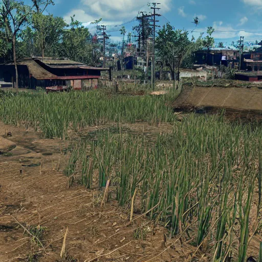 Image similar to sendai rice fields in ruins post - nuclear war in fallout 4, in game screenshot