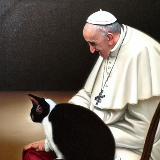 Prompt: Pope Francis sitting on a chair and crying while a black and white cat sits on his lap, realistic oil painting, painted by Roberto Ferri