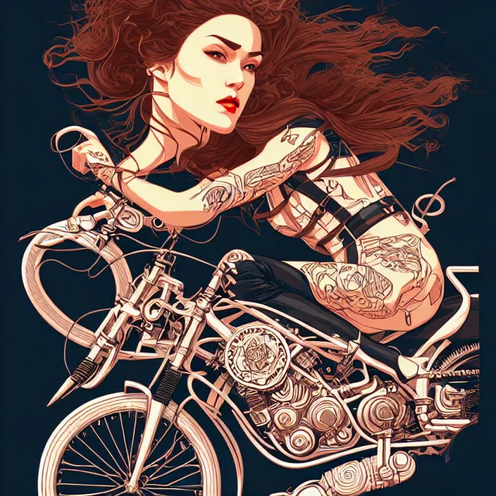 Prompt: female biker illustration, vector art style, medium shot, intricate, elegant, highly detailed, digital art, ffffound, art by jc leyendecker and sachin teng