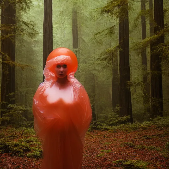 Image similar to a color photograph, closeup portrait of a woman wrapped in plastic, standing next to an agate orb, in a foggy redwood forest, color photograph, by vincent desiderio, canon eos c 3 0 0, ƒ 1. 8, 3 5 mm, 8 k, medium - format print