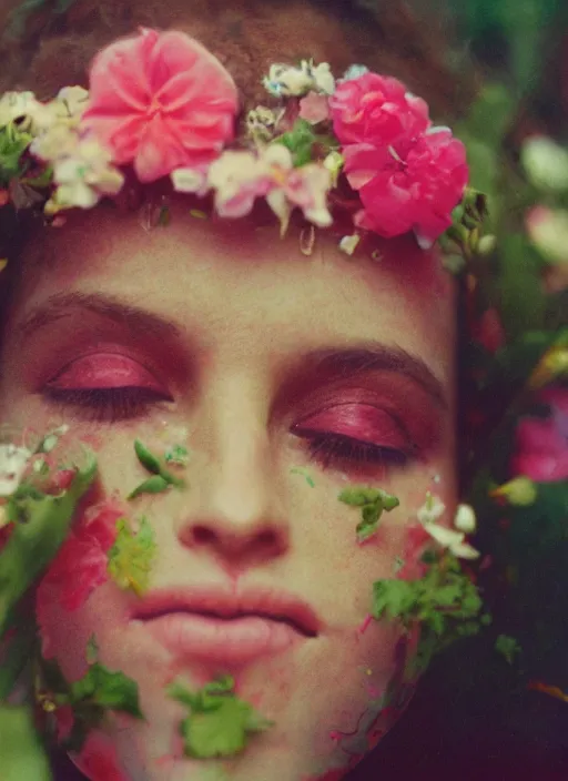 Prompt: extra close-up, color film photography, portrait of beautiful melting monster with flowers in heads, in style of nan goldin, 35mm, film photo