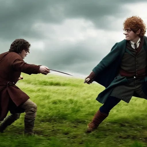 Prompt: bilbo baggins fighting harry potter in an open field, high definition, high quality, atmospheric, fantasy, magic