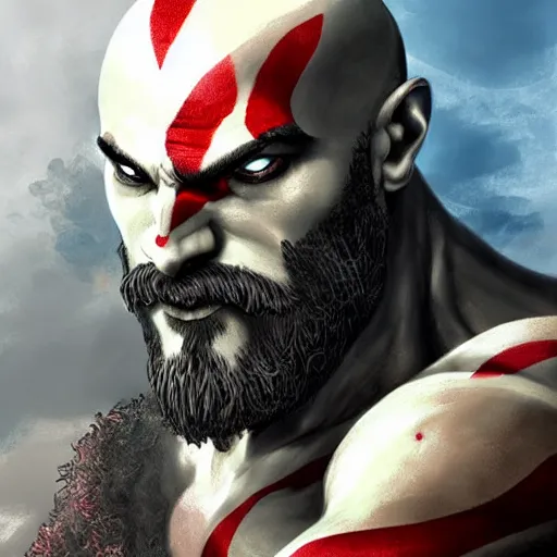 Prompt: kratos from god of war with an afro and a giant mustache, digital painting masterpiece, gorgeous brush strokes, advanced lighting technology, realistic face and anatomy, by shigenori soejima