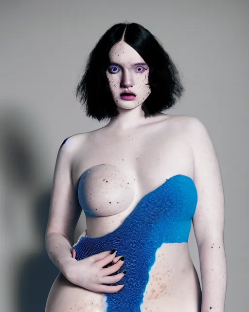 Prompt: olivia wearing an outfit made of blue ice cream, runway model at new york fashion week, curvy, black hair, freckles, pale skin, half body shot, photo by greg rutkowski, stage lighting, soft colors, female beauty, intricate detail, elegance, 3 5 mm, depth of field, masterpiece