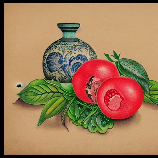 Image similar to a beautiful ultradetailed tattoo drawing of a still life with an open pomegranate in naïve art style by henry rousseau, trending on art station, 4K