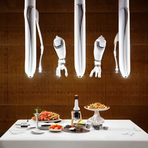 Prompt: three large white glossy kuka industrial robot arms on the floor around a dinner table, the kuka industrial robot arms are wearing bow ties, the table is full of food, they are having dinner inside a fine dining restaurant with mid century modern furniture and decor, global illumination, artstation, fantasy