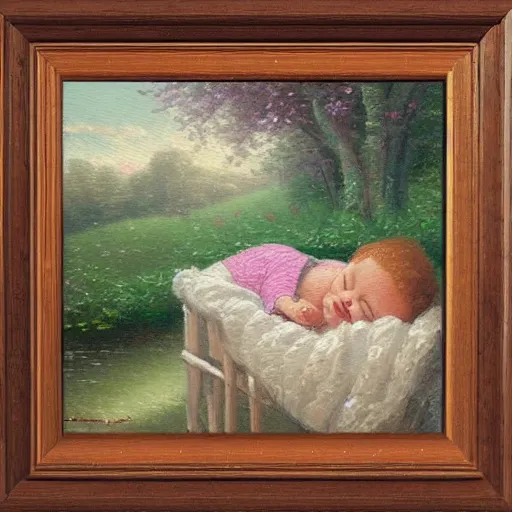 Prompt: a small curly headed child sleeping in a crib, peaceful moment, beautiful painting, oil on canvas, framed, in the style of thomas kinkade