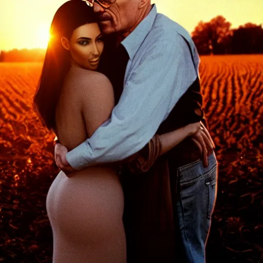 Image similar to walter white hugging kim kardashian, in a farm field, sunset