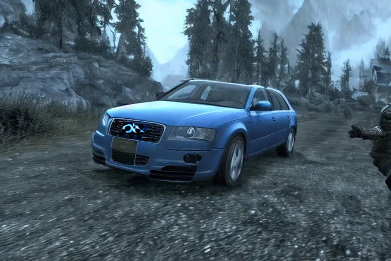 Prompt: the player fighting against a denim blue audi a 4 b 6 avant in skyrim, the elder scrolls v : skyrim gameplay footage