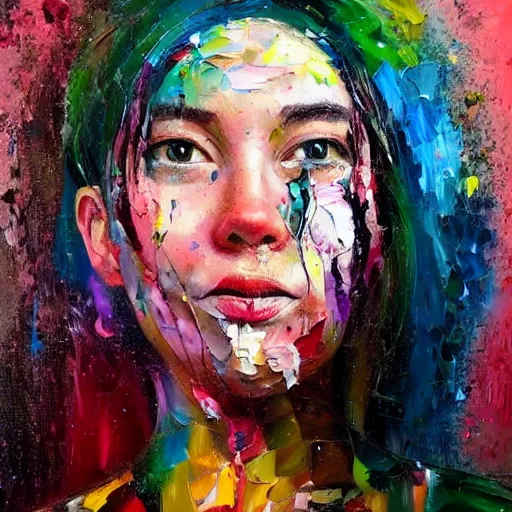 Image similar to highly detailed palette knife oil painting of a woman in the style of David Choe