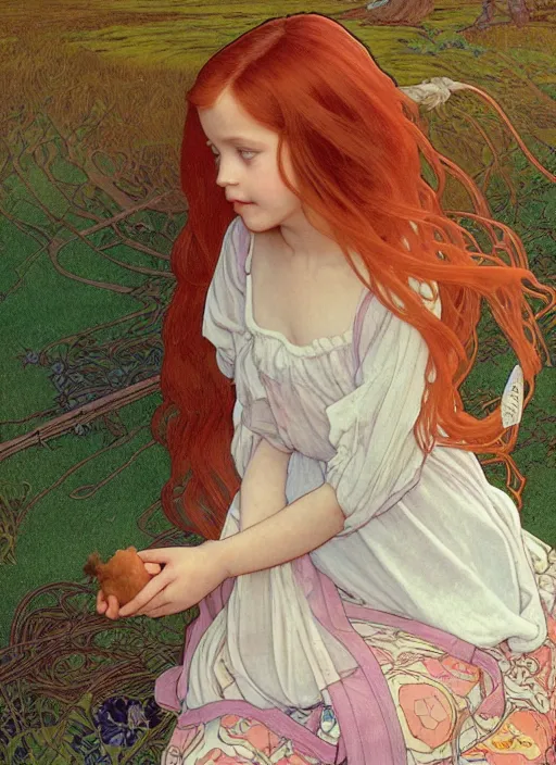 Image similar to young girl resembling alicia vikander with long red hair, wearing a dress, playing with her doll on the wooden floor in an old wooden house, path traced, highly detailed, high quality, digital painting, by studio ghibli and alphonse mucha, leesha hannigan, hidari, art nouveau, chiho aoshima, jules bastien - lepage