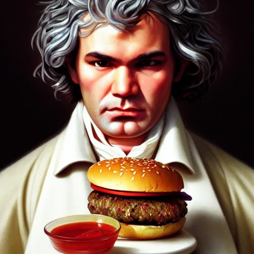 Prompt: portrait of beethoven eating hamburgers, extra onions and ketchup, luscious patty with sesame seeds, feminine ethereal, handsome, d & d, fantasy, intricate, elegant, highly detailed, digital painting, artstation, concept art, matte, sharp focus, illustration, art by artgerm and greg rutkowski and alphonse mucha