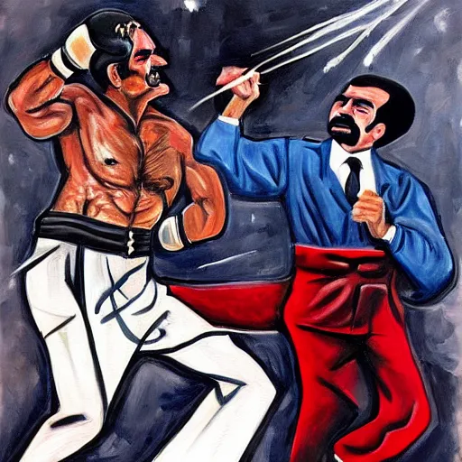 Image similar to Painting of George H.W. Bush punching Saddam Hussein in the stomach