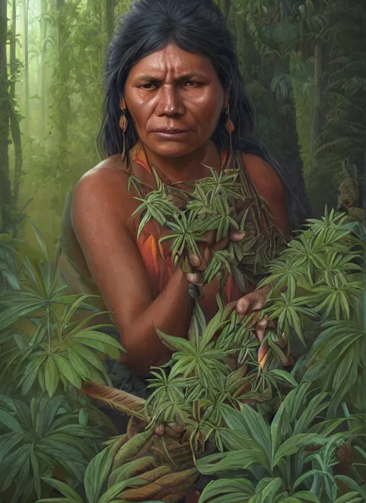 Prompt: a beautiful close up portrait of an indigenous woman harvesting medicinal plants in the jungle, highly detailed, art by christophe vacher