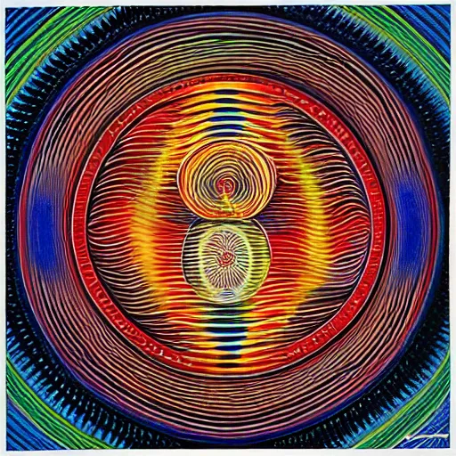 Image similar to Alex Grey painting of someone putting on a contact lens, ripples, repeating patterns