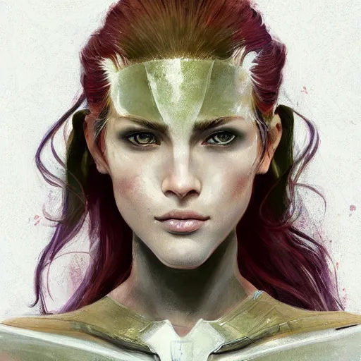 Image similar to a professional painting of a beautiful young female with hair dyed half red and half white, partially clothed in battle armor, olive skin, long dark hair, beautiful bone structure, upper body, symmetrical facial features, intricate, elegant, digital painting, concept art, smooth, sharp focus, illustration, from Metal Gear, by Ruan Jia and Mandy Jurgens and Greg Rutkowski and Artgerm and William-Adolphe Bouguerea and artgerm