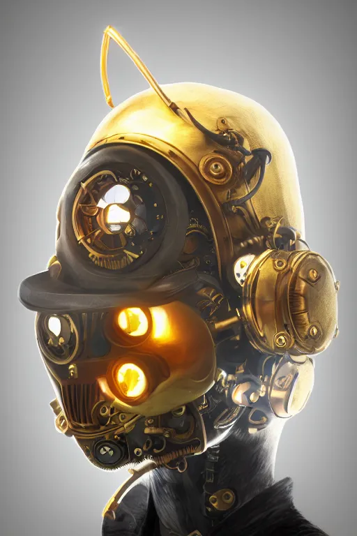 Image similar to steampunk mask minimalist fantasy art robot ninja helmet, global illumination ray tracing hdr fanart arstation by sung choi and eric pfeiffer and gabriel garza and casper konefal radiating a glowing aura