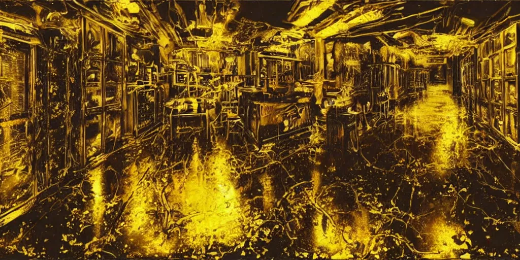 Prompt: realistic painting of a dark sci-fi laboratory at night, cold. dressed zombie walking made of guts and veins dripping golden shiny metalic fluid from ribcage to the floor. liquid shiny puddle of gold on the floor.