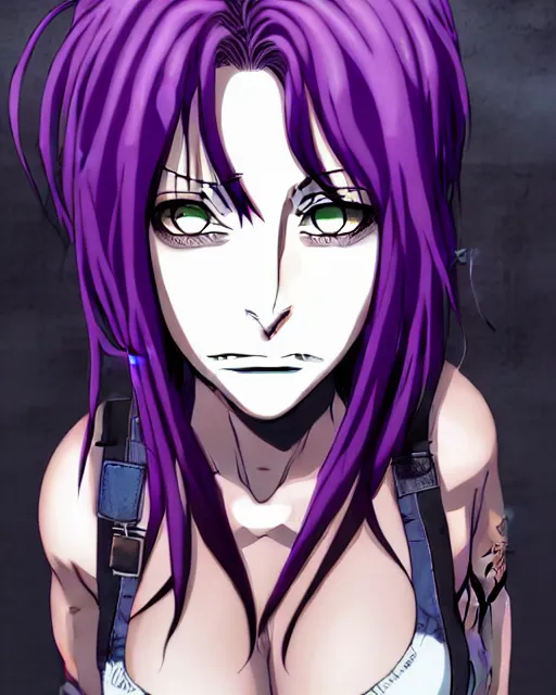 Image similar to style of madhouse studio anime, black lagoon manga, loish, artgerm, comic art, portrait of revy from black lagoon, symmetrical eyes and symmetrical face, jean shorts, white tank top, purple hair, sarcastic evil smirk on face, sky and ocean background