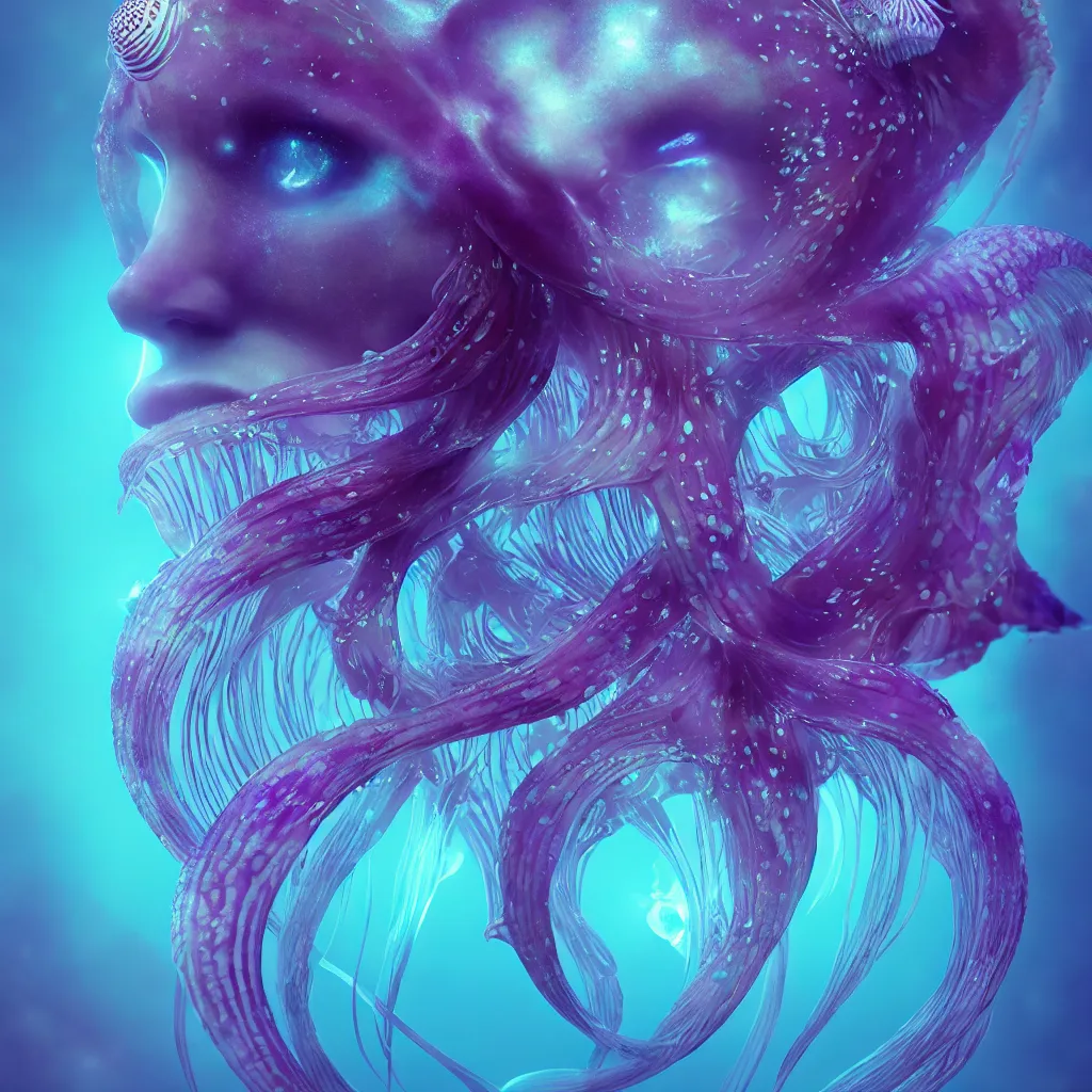 Image similar to goddess close-up portrait. orchid jellyfish phoenix head, nautilus, skull, betta fish, bioluminiscent creatures, intricate artwork by Tooth Wu and wlop and beeple. octane render, trending on artstation, greg rutkowski very coherent symmetrical artwork. cinematic, hyper realism, high detail, octane render, 8k