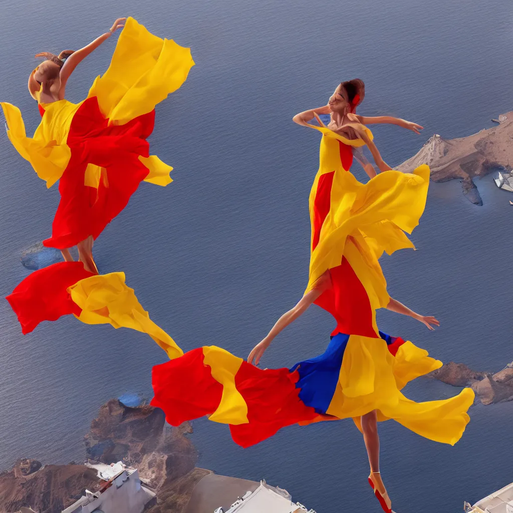 Image similar to beautiful modern dancer wearing a red and yellow and blue swirling dress, standing on a Santorini terrace looking down into the ocean, trending on artstation, cinematic, unreal 5, DAZ, hyperrealistic, octane render, dynamic lighting