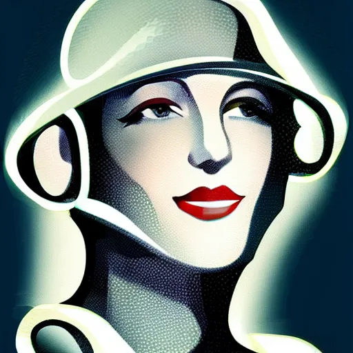 Image similar to smiling, happy, beautiful, intelligent, powerful 1 9 2 0 s movie star loving eyes, fully clothed, wise, beautiful, dramatic lighting, sharp focus, art deco patterns by stanley artgerm, retro futurism, dramatic lighting, trending on artstation, flat colour, geometric curves, gradient filter