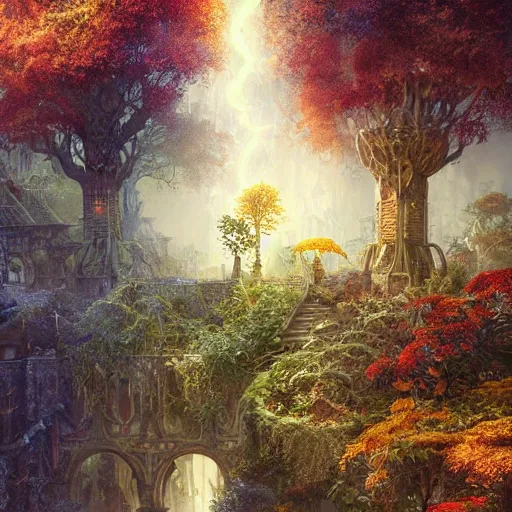 Image similar to garden lightning autumn rich ornate cryengine render fantasy cinematic by m. c. escher, john berkey, artgerm, stephen gammell, justin gerard, james jean, james christensen, moebius