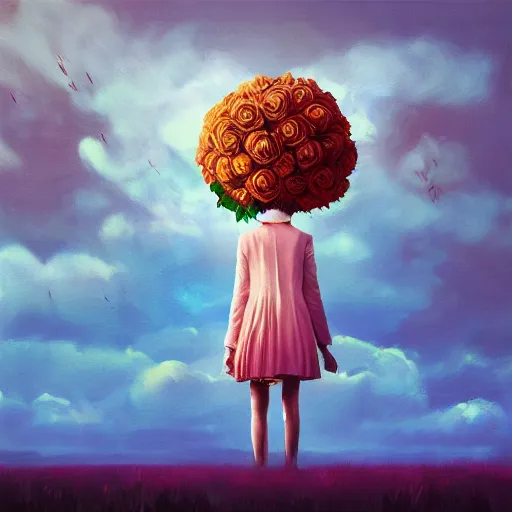 Image similar to portrait, giant rose flower head, girl in a suit, surreal photography, sunrise, blue sky, dramatic light, impressionist painting, digital painting, artstation, simon stalenhag