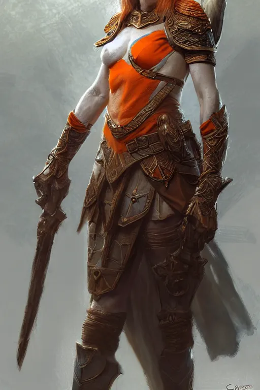 Prompt: full - body portrait of a ranger, female, white and orange breastplate, magical, high fantasy, d & d, by craig mullins, face details, extremely detailed, digital illustration