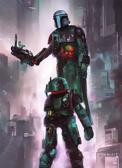 Image similar to cyberpunk x boba fett, digital art, character mashup, epic volumetric lighting, combination art