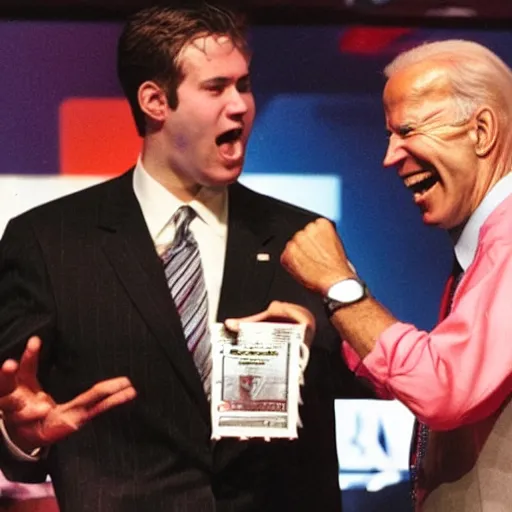 Image similar to Photograph of Joe Biden popping off on Hungryb0x after winning a game of Super Smash Bros. Melee at an international eSports tournament