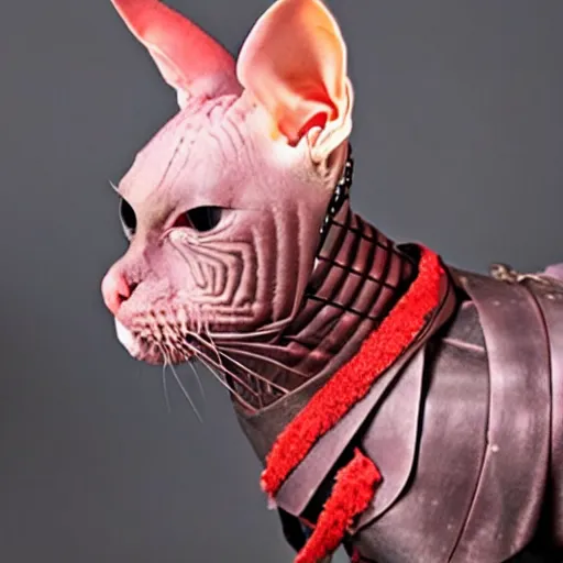 Image similar to samurai armor worn by hairless sphynx cat