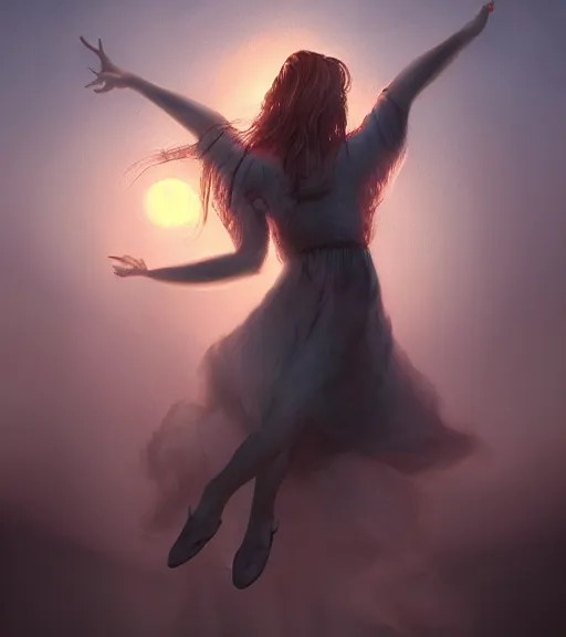 Prompt: Portrait of woman dancing, in the apocalyptic sunrise, countryside, dimly lit, wispy smoke, intricate, highly detailed, digital painting, artstation, concept art, sharp focus, illustration, art by manara